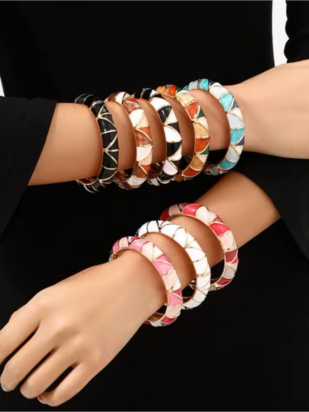 Stylish Multi-Color Enamel and Gold-Tone Bangle Bracelet